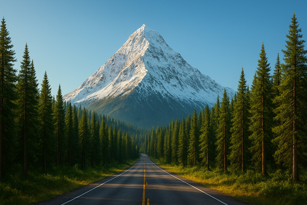 AI-Generated Majestic Snow-Capped Mountain Road Evergreen Forest Scenic 12