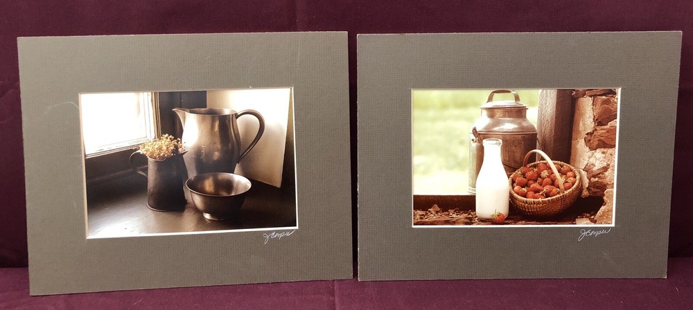 J. Cooper Photographs Signed Pair Matted Farmhouse Decor Strawberry Milk Pitcher