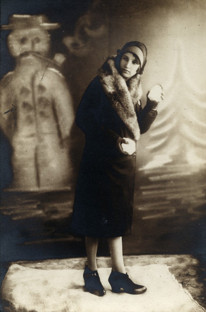 Vintage fine art Photograph on cardboard, woman w snowballs, snowman w pipe, unu