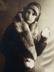Vintage fine art Photograph on cardboard, woman w snowballs, snowman w pipe, unu