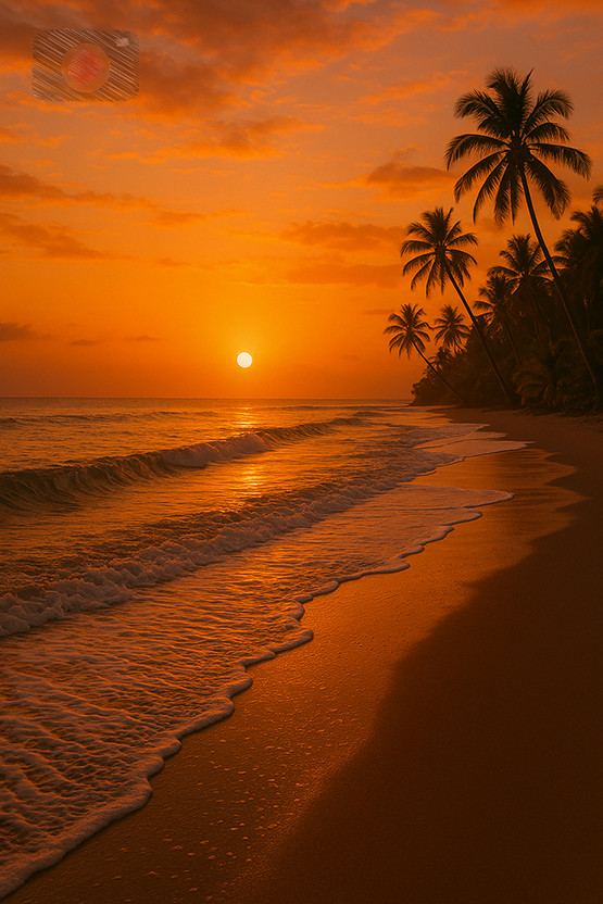 Digital Photo Art Wallpaper, Tropical Beach Sunset with Palm Trees