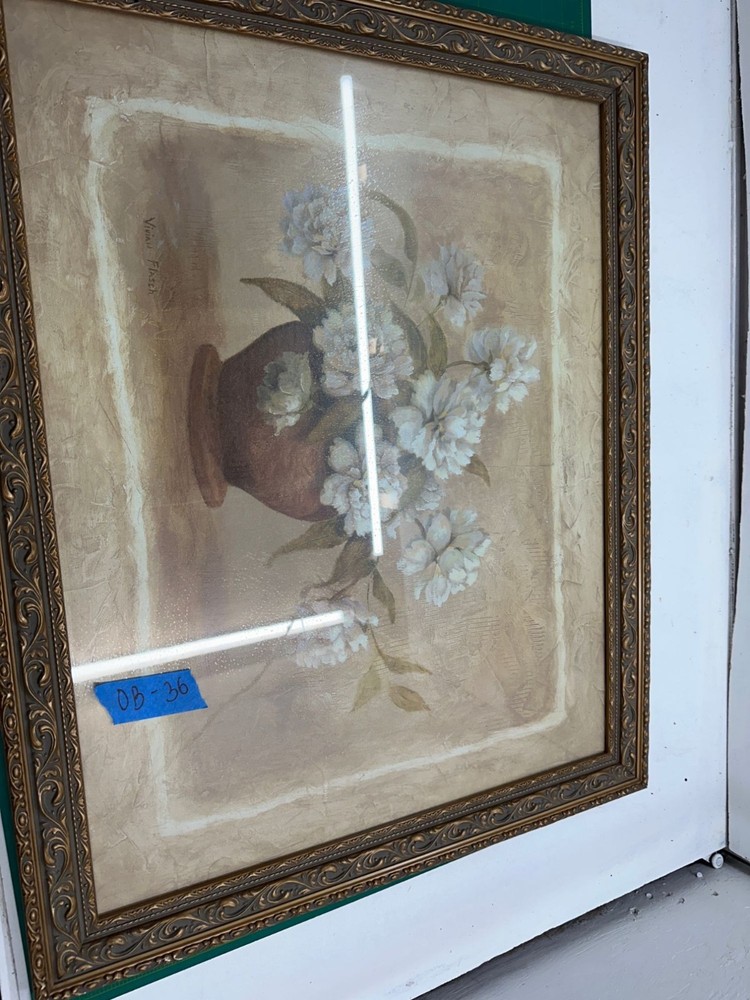 Antique Floral Hand-Painted Picture Framed of Vivian Flasch Garden Made in China