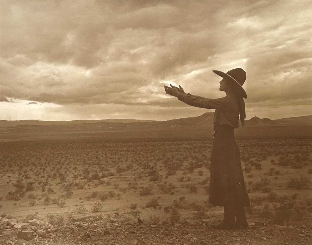 Vintage Western Sepia Photograph c 1910 -Lone Prairie Cowgirl -Manner of Curtis