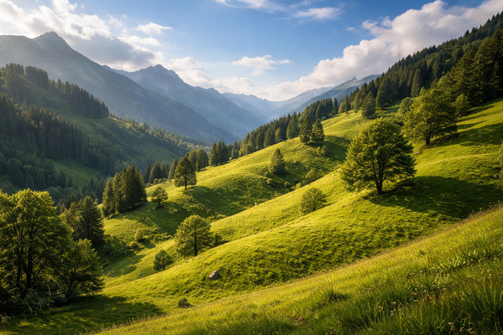 AI Generated Sunny Green Valley Landscape Nature Scene Hills Trees Sky 52