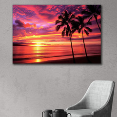 Hawaiian Sunset Wall Art, Tropical Palm Tree Beach Print, Pink Orange Skies Vibe