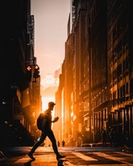 Man Crossing Street Silhouette New York City Manhattan Sunset Photo Print, Decor