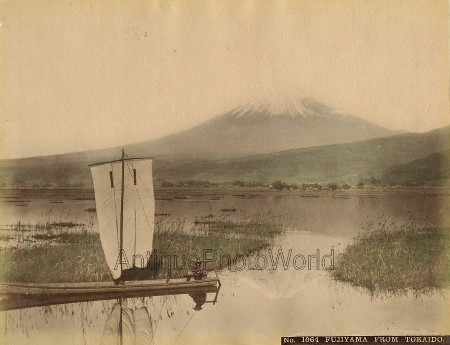 Mount Fuji view man sail boat antique hand tinted albumen photo Tokaido Japan
