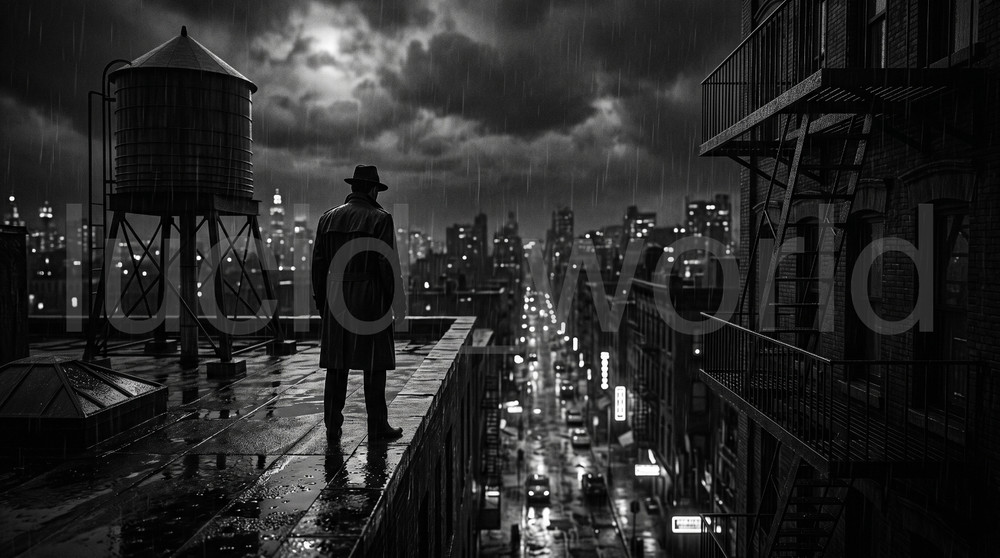 Film Noir Detective City Rooftop Rain Digital Download City Skyline Wall Art PNG