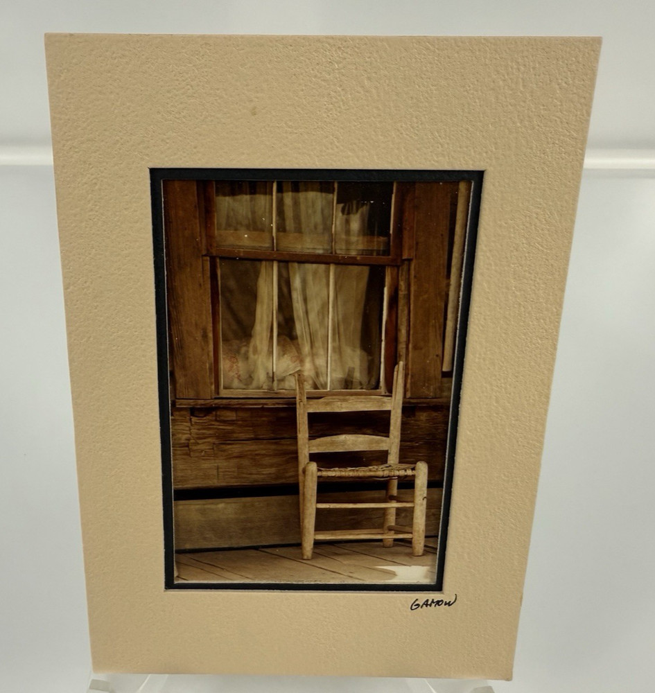 Gamow signed Old Farm Porch Chair at Glass Window Photography Art 5″ x 7″ Mated
