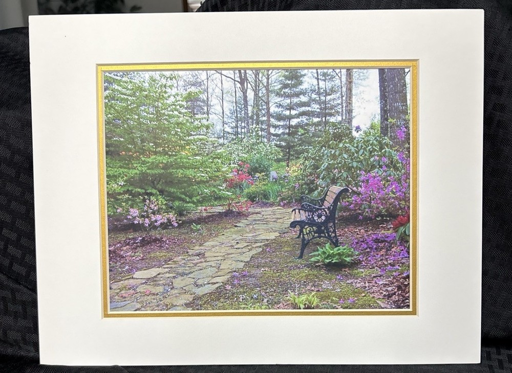 2003 Signed Vicki Hagan Photograph Garden Path Purple Flowers Bench No Frame