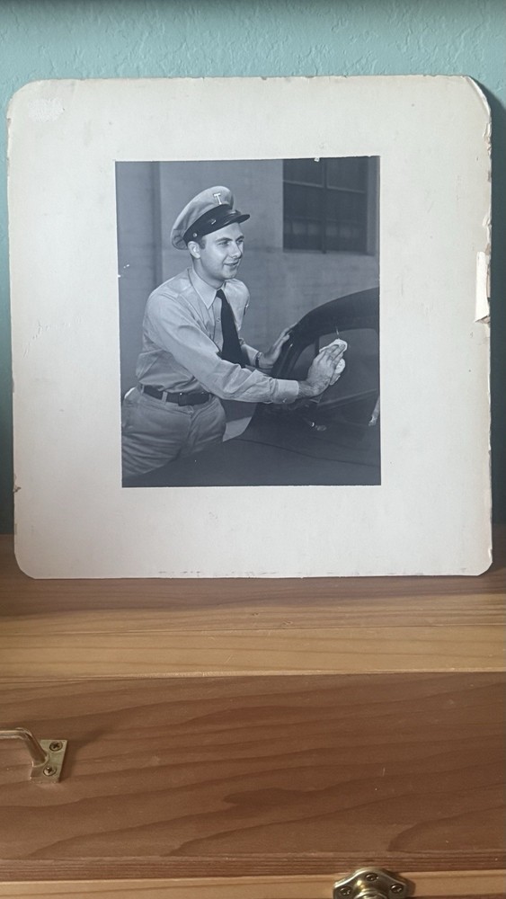 1946 Vintage Photography Art Center School Uniformed Man Cleaning Car 7.5×9.5”