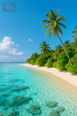 Digital Photo Art Wallpaper, Tropical Beach with Palm Trees and Clear Water