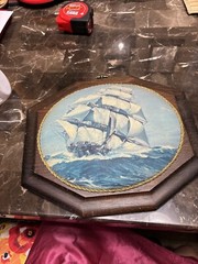 Vintage Ship Framed On A Beaded Glass 9.5″ x 11.5″