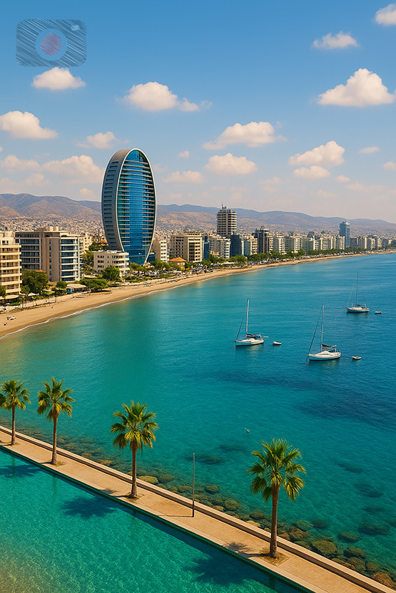 Digital Photo Art Wallpaper, Look Like Limassol, Seaside Skyline with Palm Trees