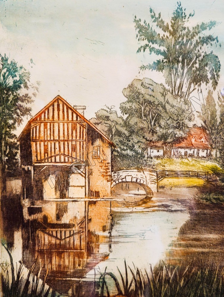 France Landscape Stone Building & Arched Bridge DIGITAL DOWNLOAD European Art