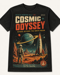 Digital Cosmic Odssey t-shirt png inspired by the aesthetics of retro sci-fi bo