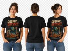 Digital Cosmic Odssey t-shirt png inspired by the aesthetics of retro sci-fi bo