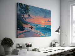 Tropical Surfer Beach Sunset Painting, Ocean Waves Canvas Print Coastal Seascape