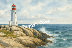 Peggy’s Cove with Lighthouse, Watercolour Panorama (AI GENERATED IMAGE)