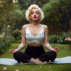 Digital Image Desktop Wallpaper AI Art – Marilyn Monroe Meditating in a Garden