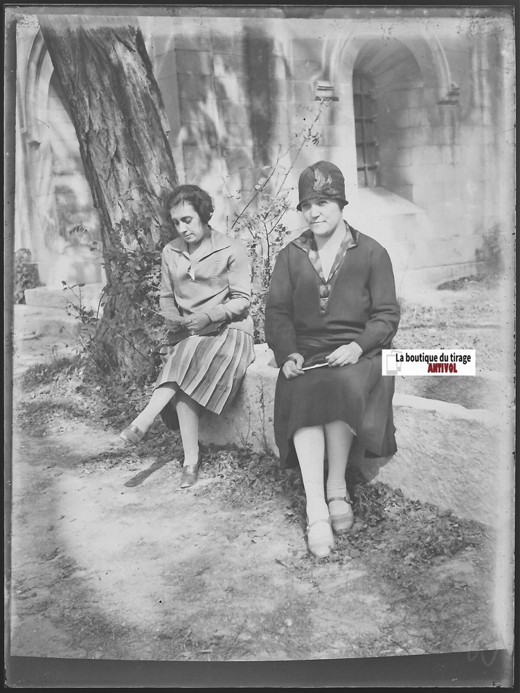 Women in front of church, Glass plate old photo, black & white negative 9×12 cm