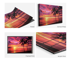 Hawaiian Sunset Wall Art, Tropical Palm Tree Beach Print, Pink Orange Skies Vibe