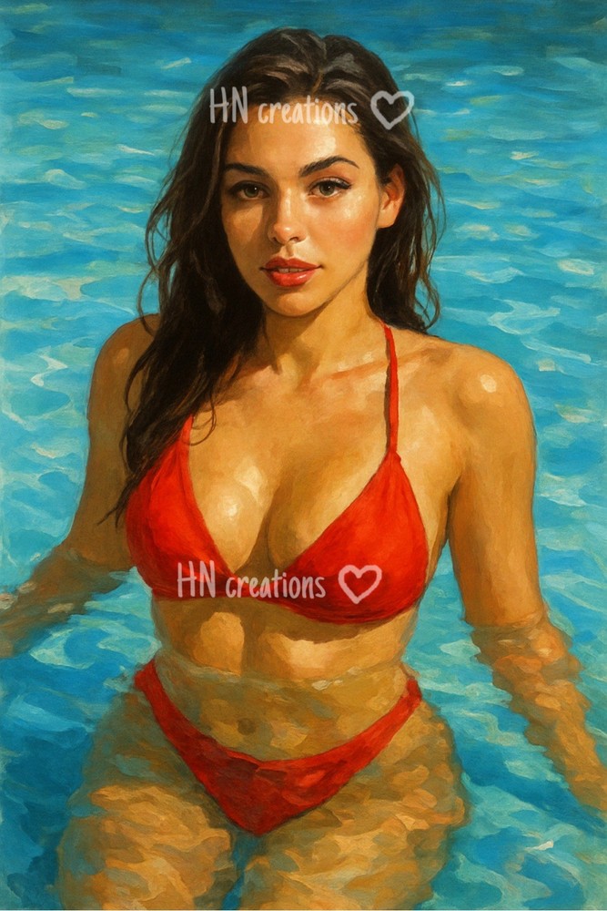 Digital Image Hot Girl Stunning Red Bikini Poolside Art Print– Modern Wall Décor