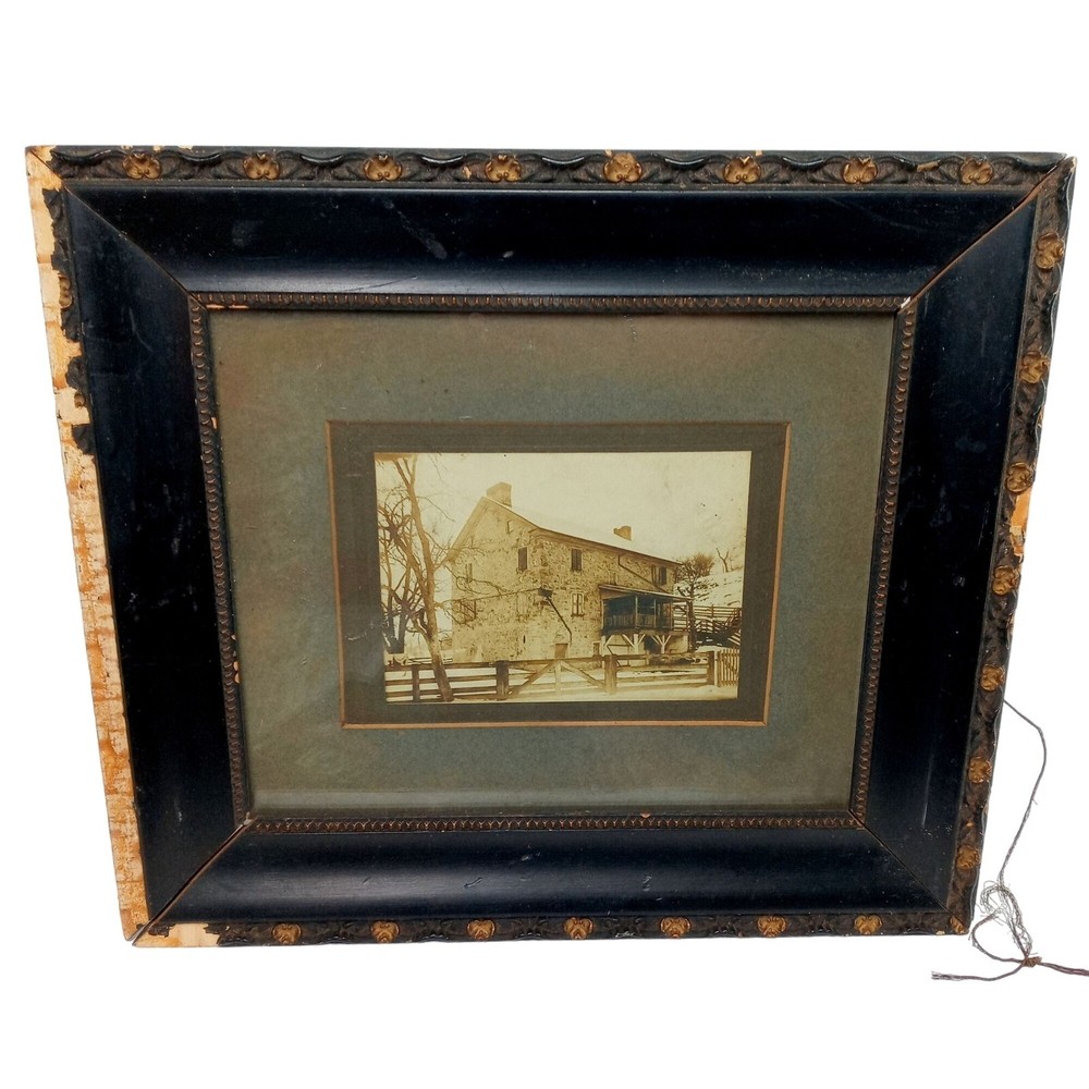 Stone Farmhouse Wall Art Vintage Framed Photograph Antique Frame Black Gold Farm