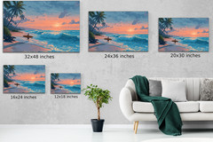 Tropical Surfer Beach Sunset Painting, Ocean Waves Canvas Print Coastal Seascape