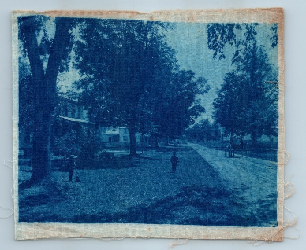 Cyanotype on Fabric Photograph Children in Yard Raking Buggy on Road