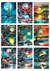 Printable ACEO Art Cards Set of 9 A4 Digital Sheet Acrylic Landscape Paintings