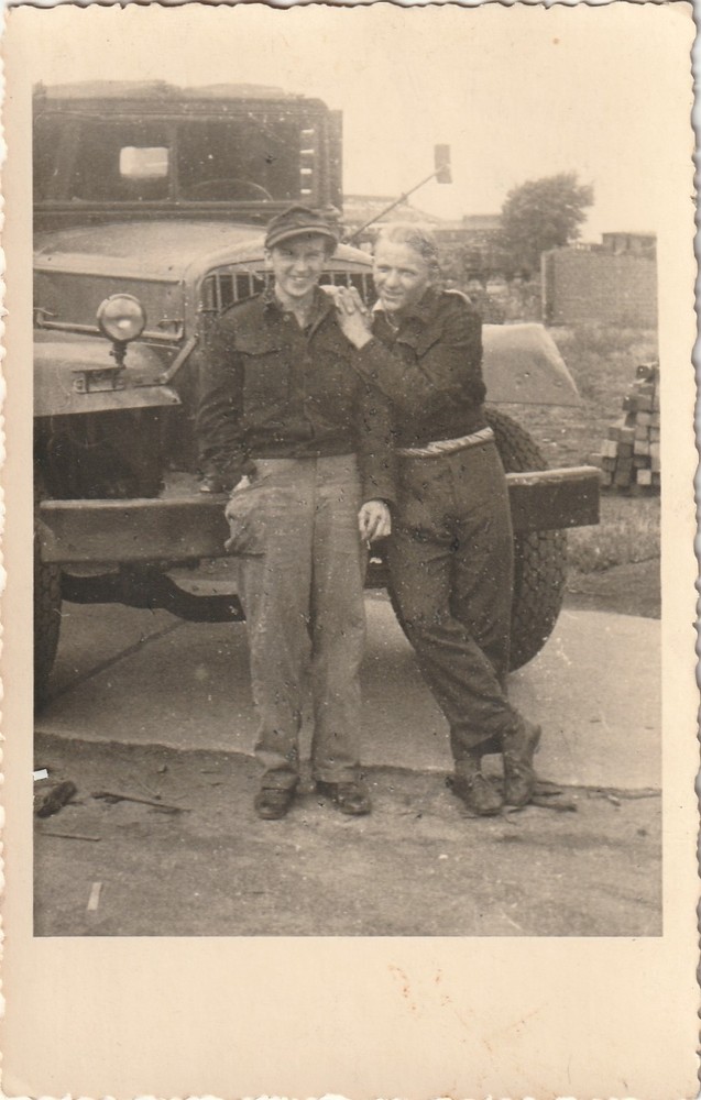 Photo postcard men in front of military truck car vintage passenger car