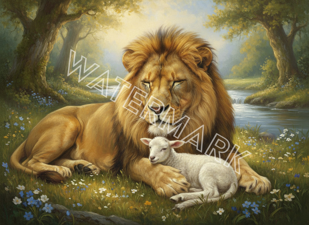 Digital Image Picture Photo Lion and Lamb with River Wallpaper Desktop AI Art