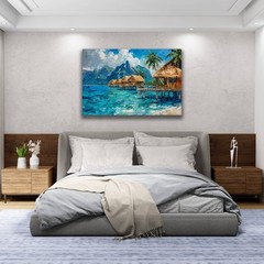 Beach Paradise Wall Art, Tropical Overwater Bungalows Painting, Coastal Seascape