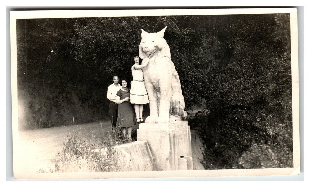 Giant Cat Statue Photograph With People Posing Los Gatos CA Vintage Black White