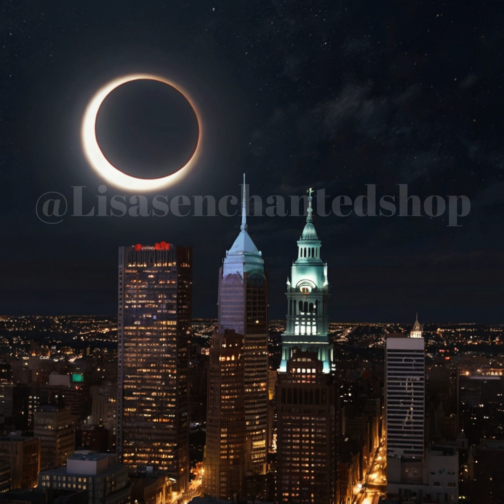 Digital Image Desktop Wallpaper AI Art – Philadelphia Center City Night Eclipse