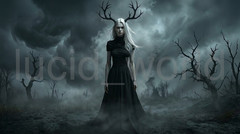 Surreal Forest Witch Digital Photo Dark Fantasy Landscape Gothic Horned Woman