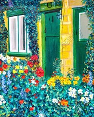 Brick Cottage with Flower Garden DIGITAL DOWNLOAD Farmhouse Country Village