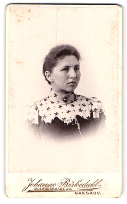 Photograph Johanne Birkedahl, Nakskov, Sondergade 20, portrait woman in embroidered