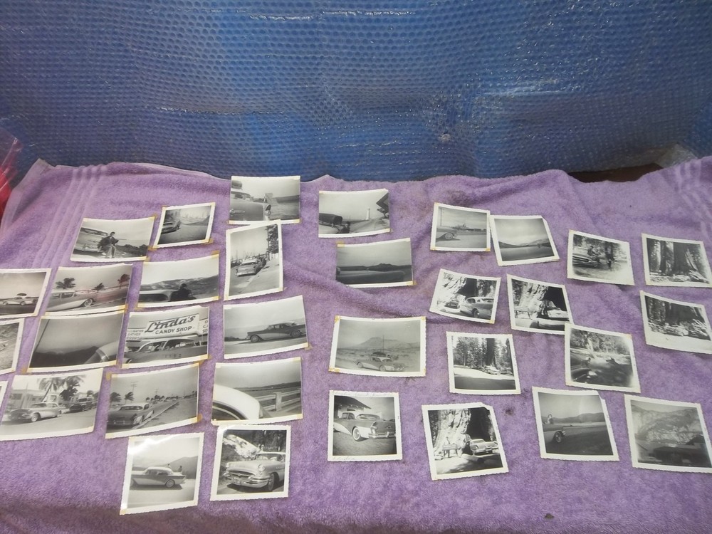 1955 Buick b&w photos on family vacation cross country USA 30+