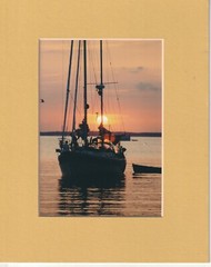 Colored photograph print 8×10 matted boat sailboat in a sunset scene