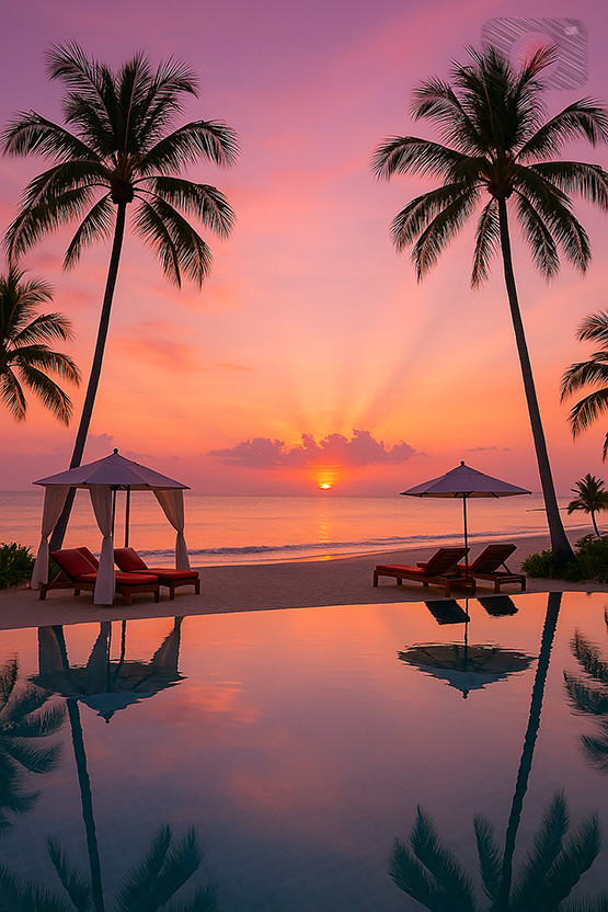 Digital Photo Art Wallpaper, Sunset Beach with Palm Trees and Poolside Lounge
