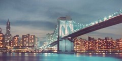 Vintage Photograph Of The Brooklyn Bridge And NYC Skyline At Night