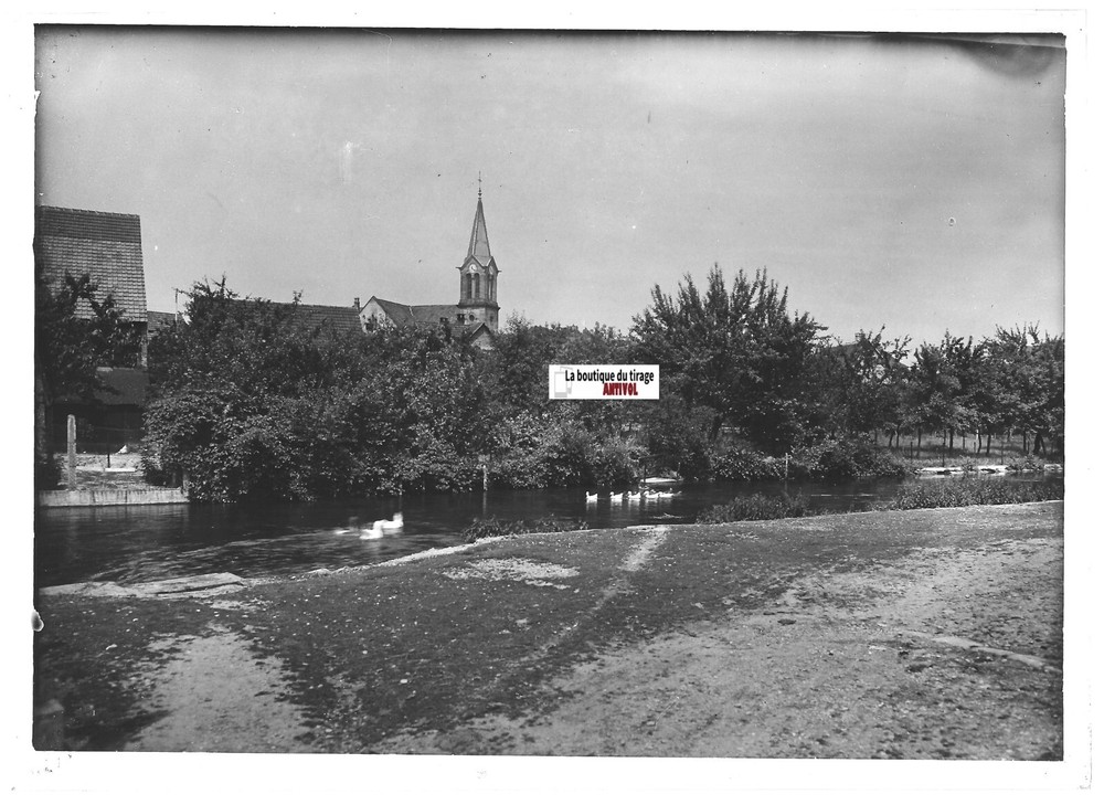 Glass Photo Positive Black & White 13×18 cm Plobsheim Church, Water Landscape