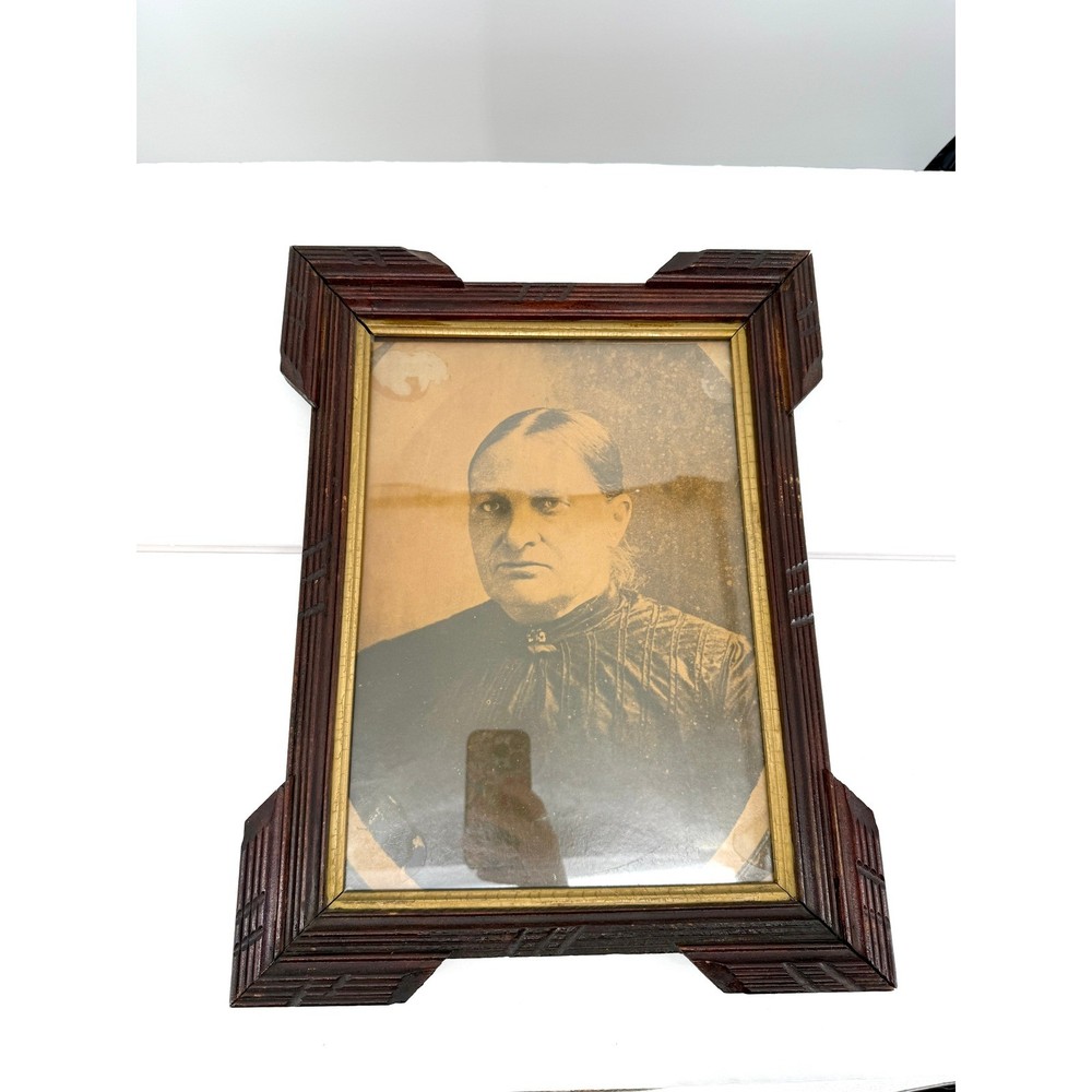 Haunted Antique Sepia Portrait Woman Ornate Wood Frame Gothic Wall Art 1800s Pic
