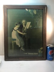 Vtg Antique? Gentleman Music Teacher Teaching Girl Piano Colored Photograph