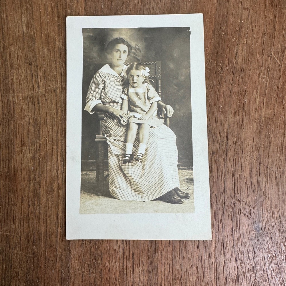 Antique Photograph Postcard Woman Posing Toddler Girl in lap Sitting chair