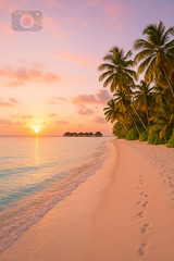 Digital Photo Art Wallpaper, Tropical Beach Sunset with Palm Trees and Bungalows