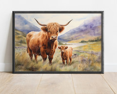 Highland Cow Wall Art, Scottish Highland Cow Calf Print, Rustic Farmhouse Canvas