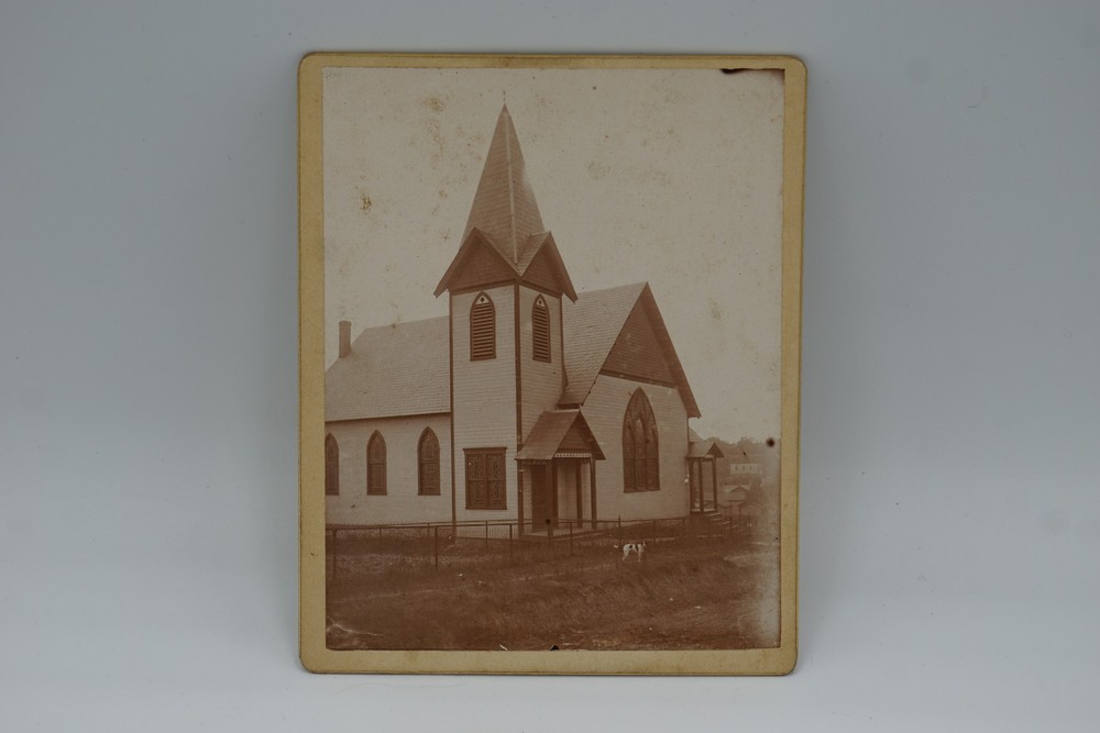 Antique Sepia Photo Church Steeple Dog Vintage Mounted Photograph Art 1900s